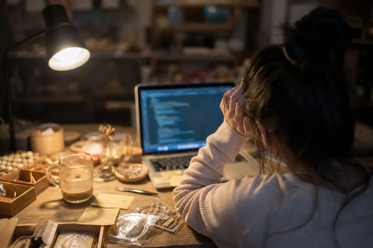 深夜的工作桌上，筆電螢幕亮著程式畫面，旁邊放著手作商品和冷掉的咖啡
