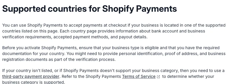 Shopify 說明中心〈Supported countries for Shopify Payments〉頁面